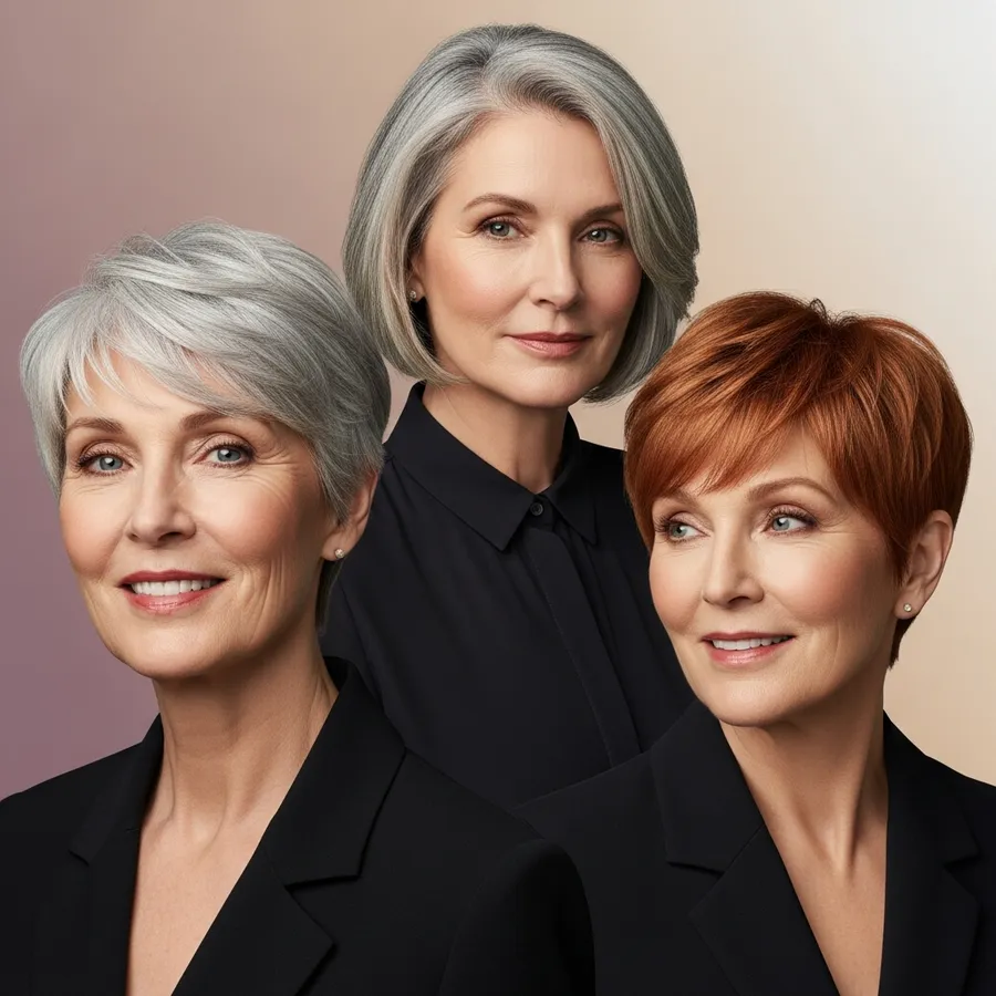 Three women showing different short hairstyles in gray, silver and copper tones